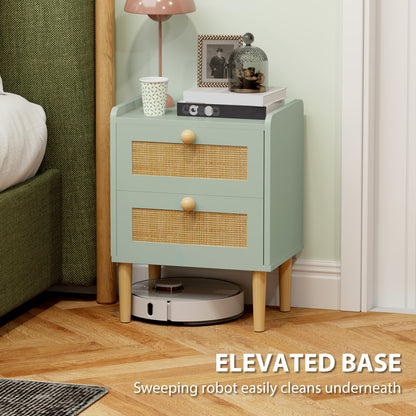 Reka Boho Olive Green Wood And Rattan 2 Drawer Bedside Table