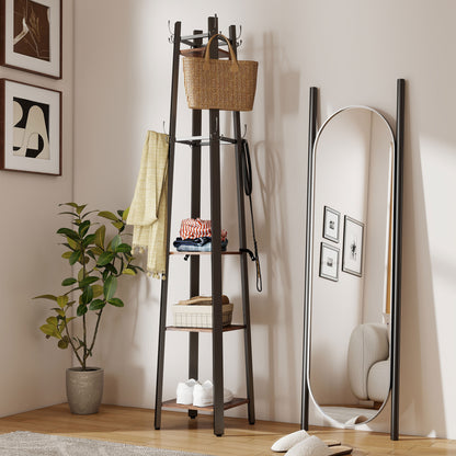 Kareva Metal And Wood Brown And Black 4 Tier Industrial Coat Stand With Shelves