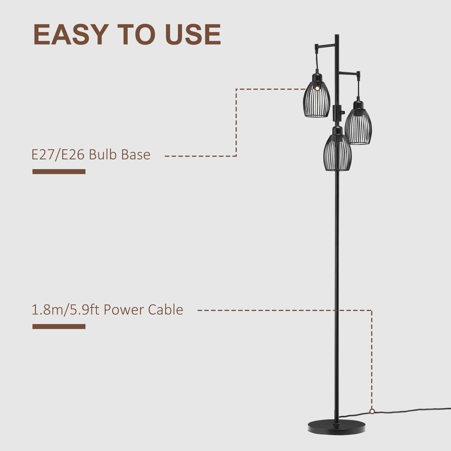 Elziba Metal Black Industrial 3 Light Floor Lamp With Wire Cage Shades 170 cm