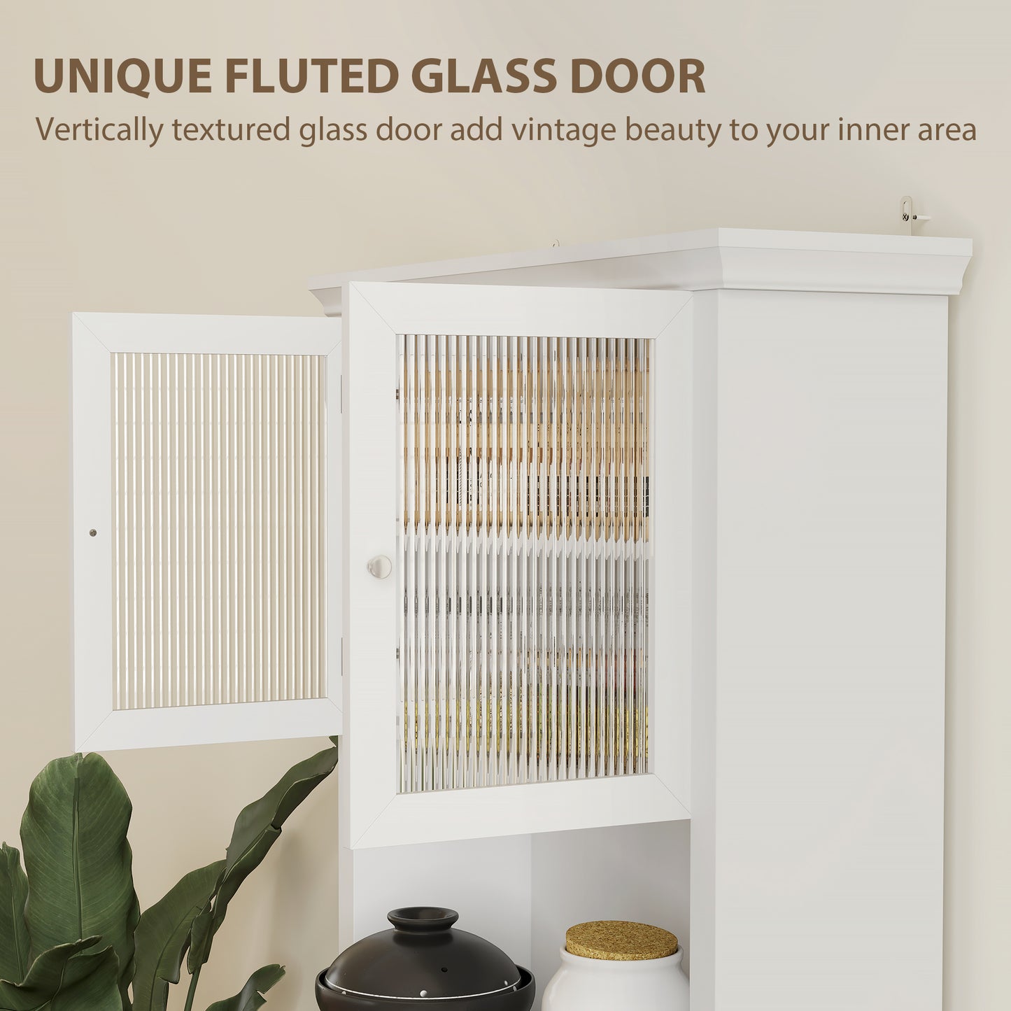 Tole Wooden White 4 Door Kitchen Cupboard With Drawer Glass Doors And OFauxn Counter