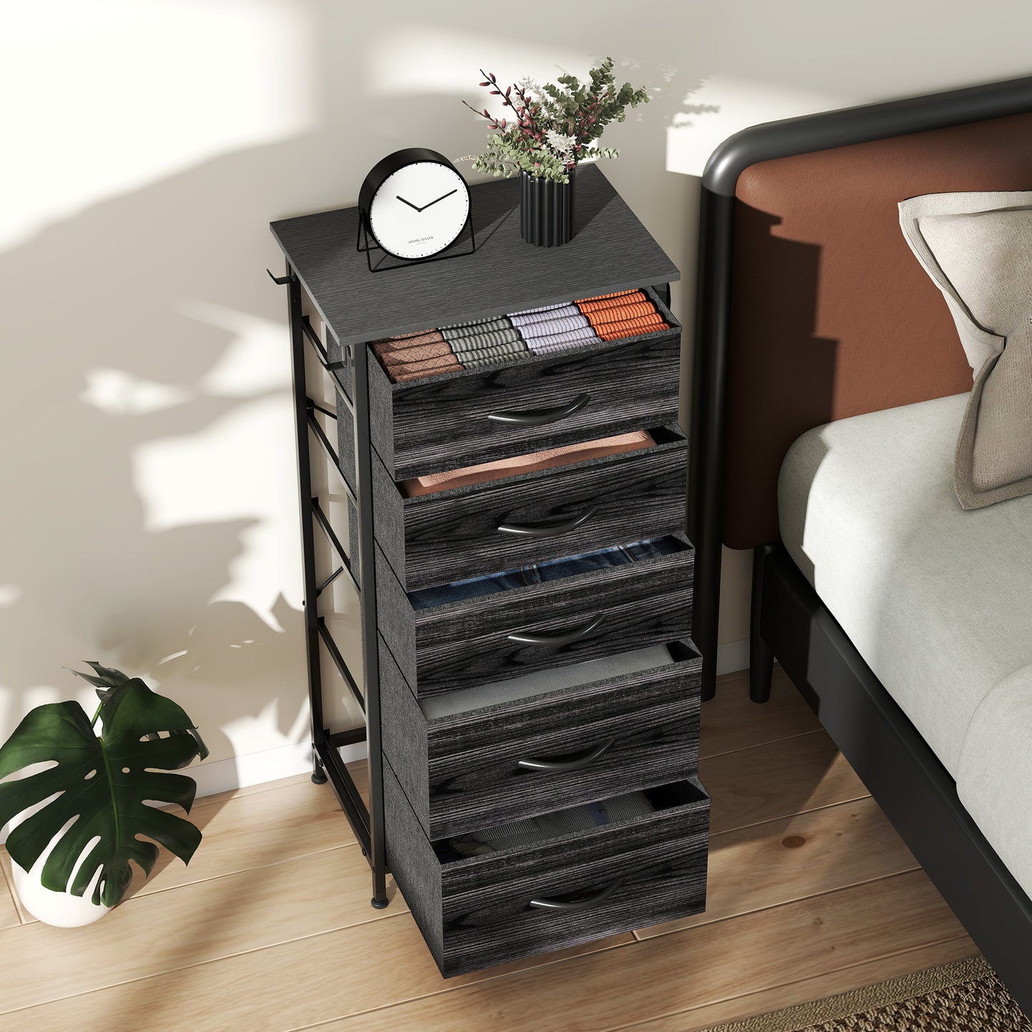 Koratti Fabric And Metal Black 5 Drawer Storage Chest