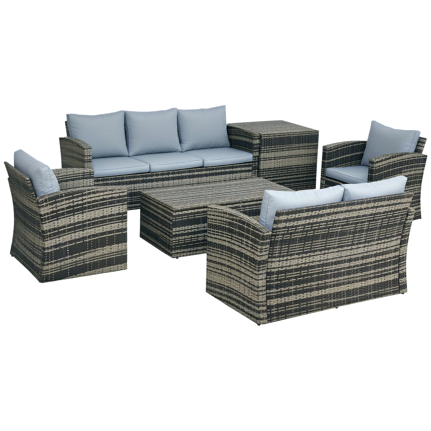 Vaveyo Rattan Grey 7 Seater Outdoor Sofa Set With Storage Tables And Cushions