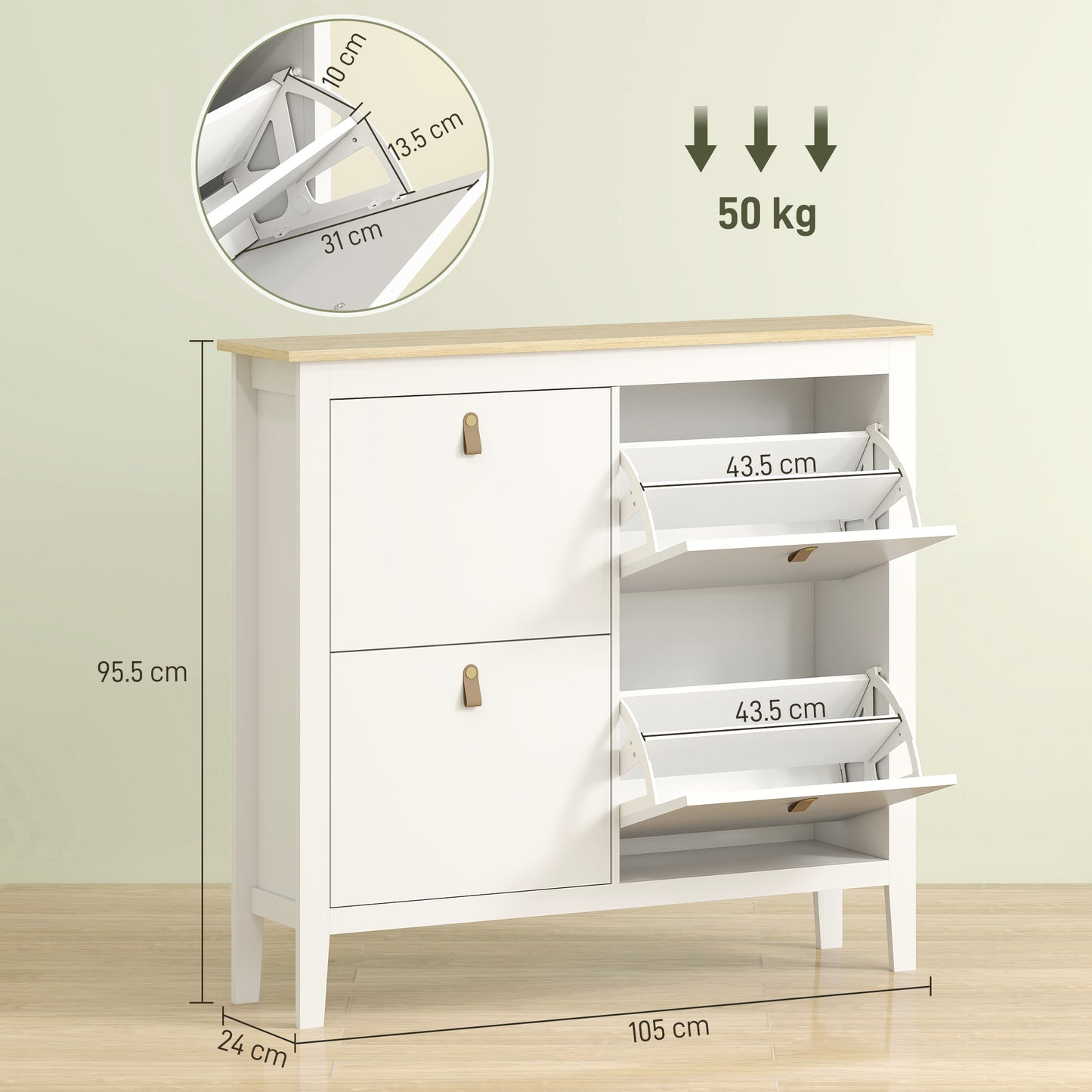 Milese Wooden White and Natural Modern 4 Drawer Shoe Cabinet Faux Leather Handles