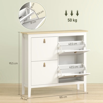 Milese Wooden White and Natural Modern 4 Drawer Shoe Cabinet Faux Leather Handles
