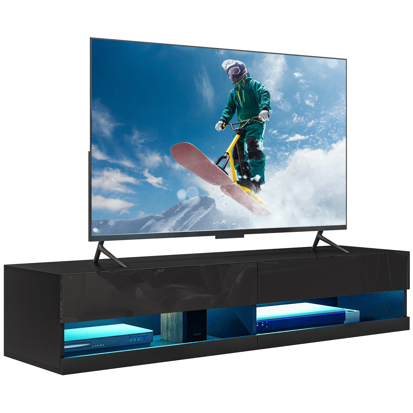 Vare 150cm High Gloss Black Floating TV Unit With LED Lighting For Screens Up To 65 Inches