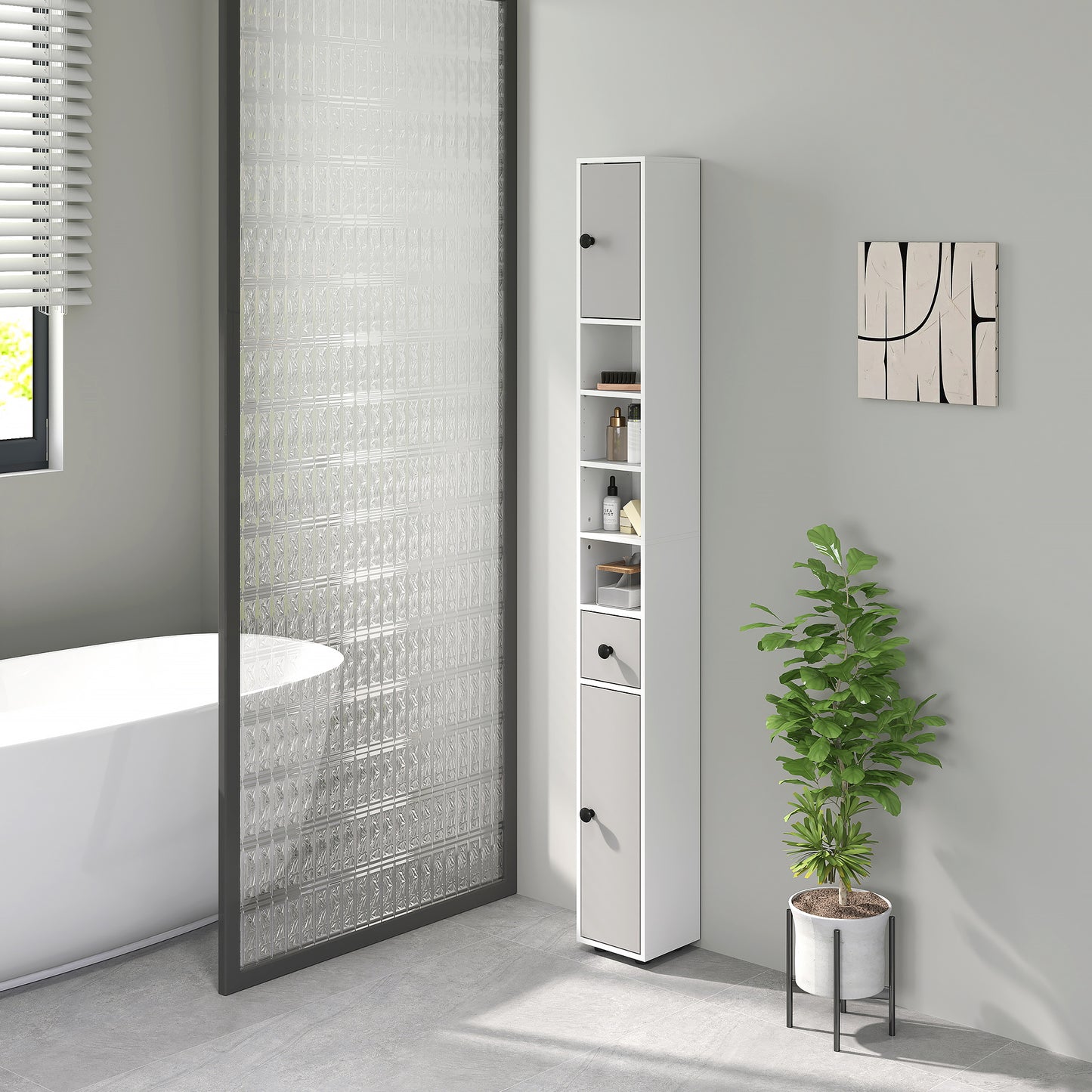 Pabaha Tall Slim Bathroom Storage Cabinet With Drawers Shelves And Cupboards Light Grey