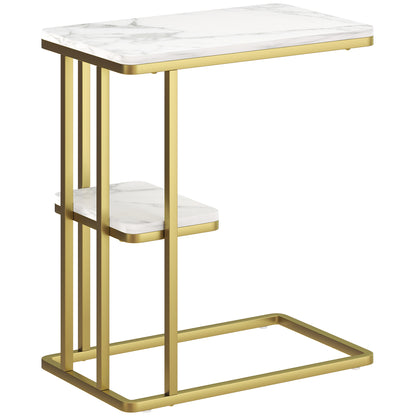 Neso Metal And Wooden White Marble Grain Slim C Shaped Side Table With 2 Tier Storage