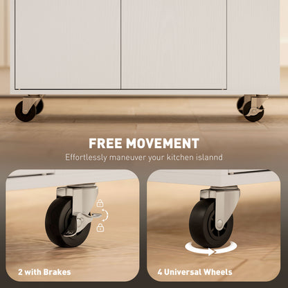 Semi Wooden White Rolling Kitchen Island With Drawer 3 Tier Spice Rack And Towel Rail