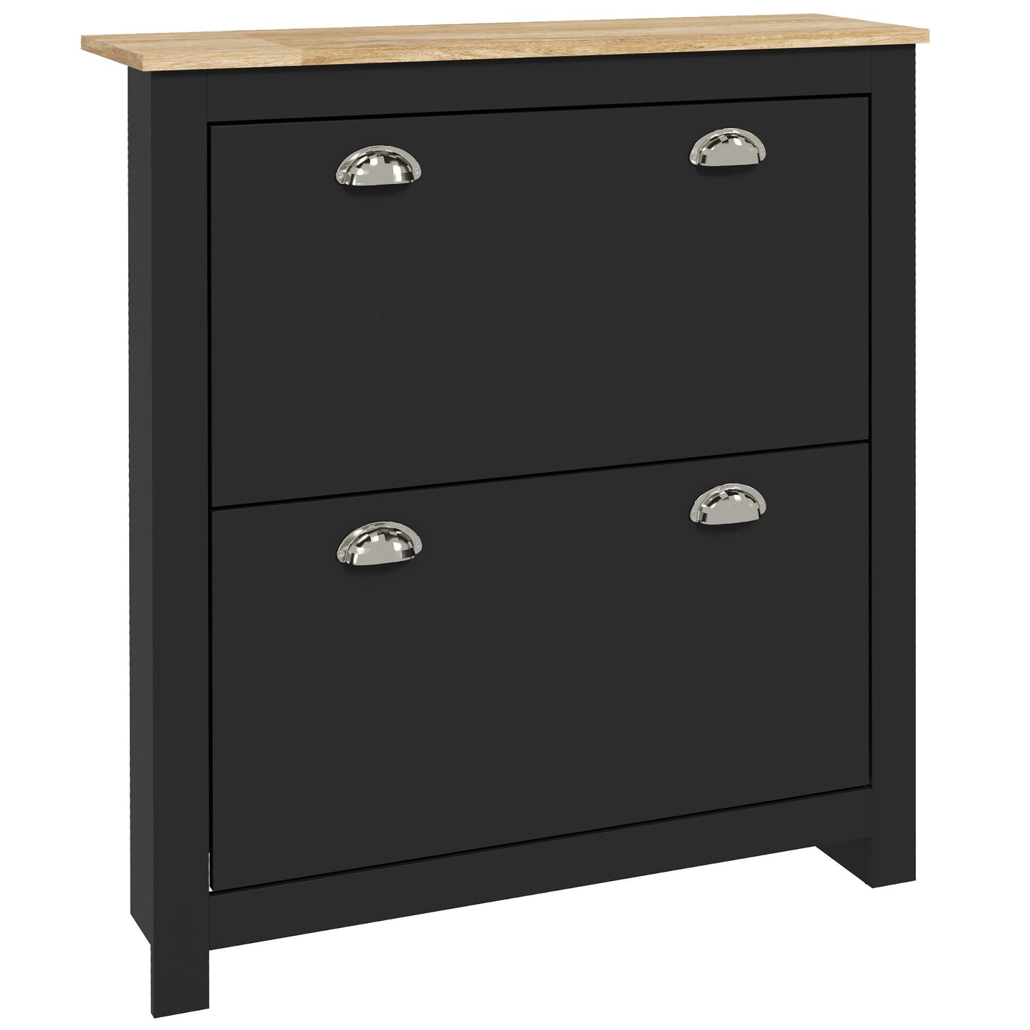 Resuka Wooden Black Slim Shoe Cabinet With 2 Flip Drawers For 6 To 12 Pairs