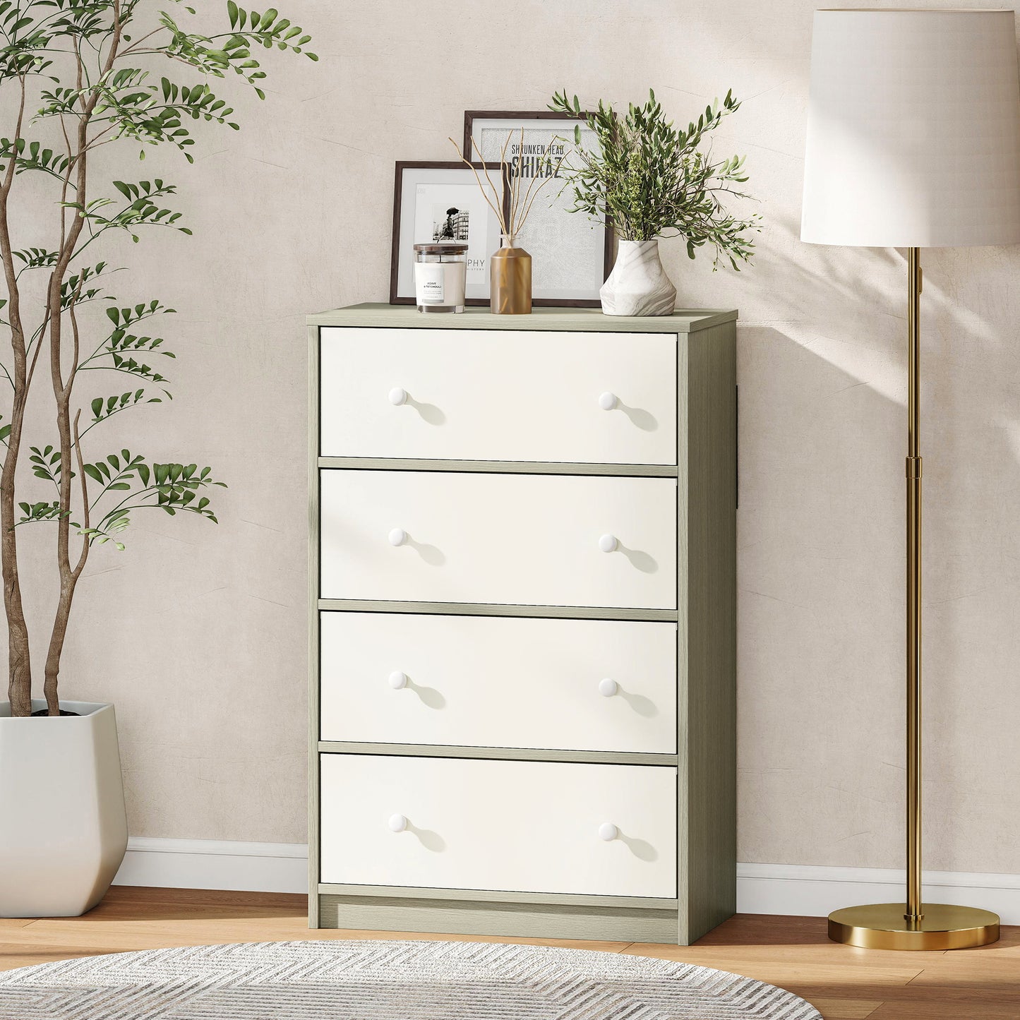 Cottola Fabric And Metal White And Grey 4 Drawer Storage Dresser