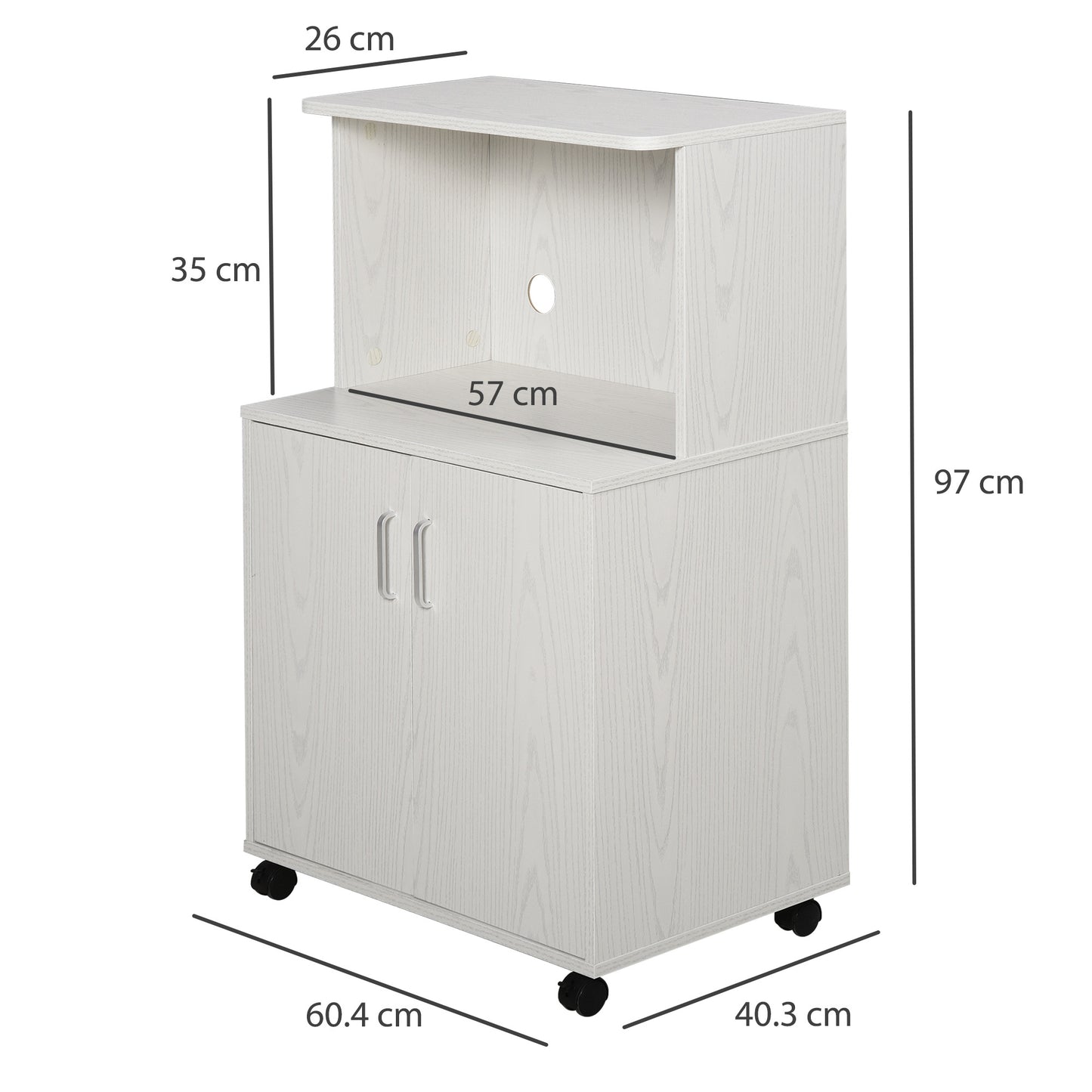 Fari Move Wooden White Microwave Stand Kitchen Trolley With Storage Cabinet And Locking Wheels