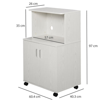 Fari Move Wooden White Microwave Stand Kitchen Trolley With Storage Cabinet And Locking Wheels