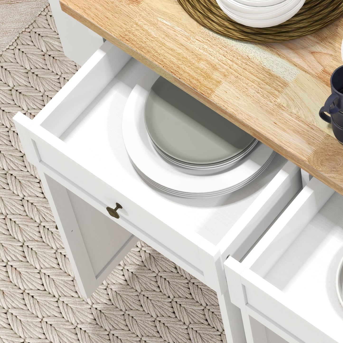 Viratto Natural and White Wooden Rolling Kitchen Island With Drawers And Storage