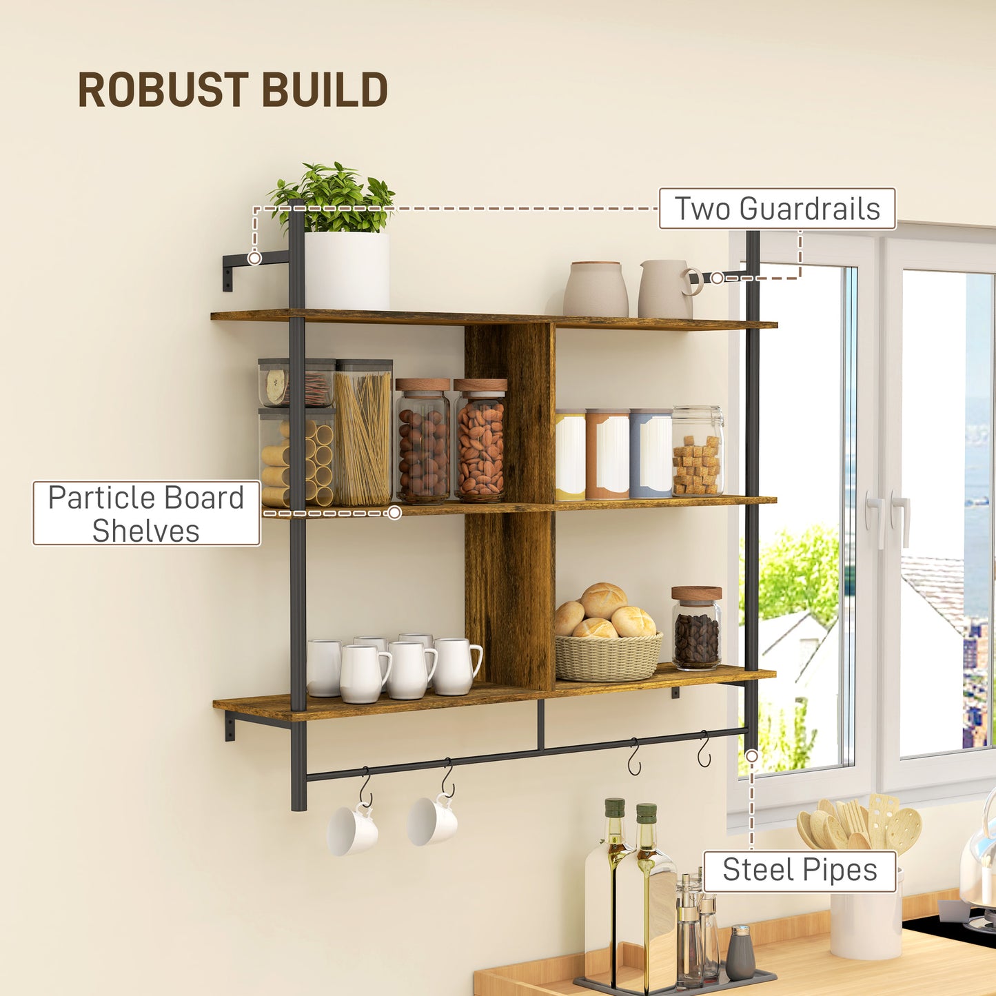 Todoco Wood And Metal Brown And Black 3 Tier Floating Wall Shelves
