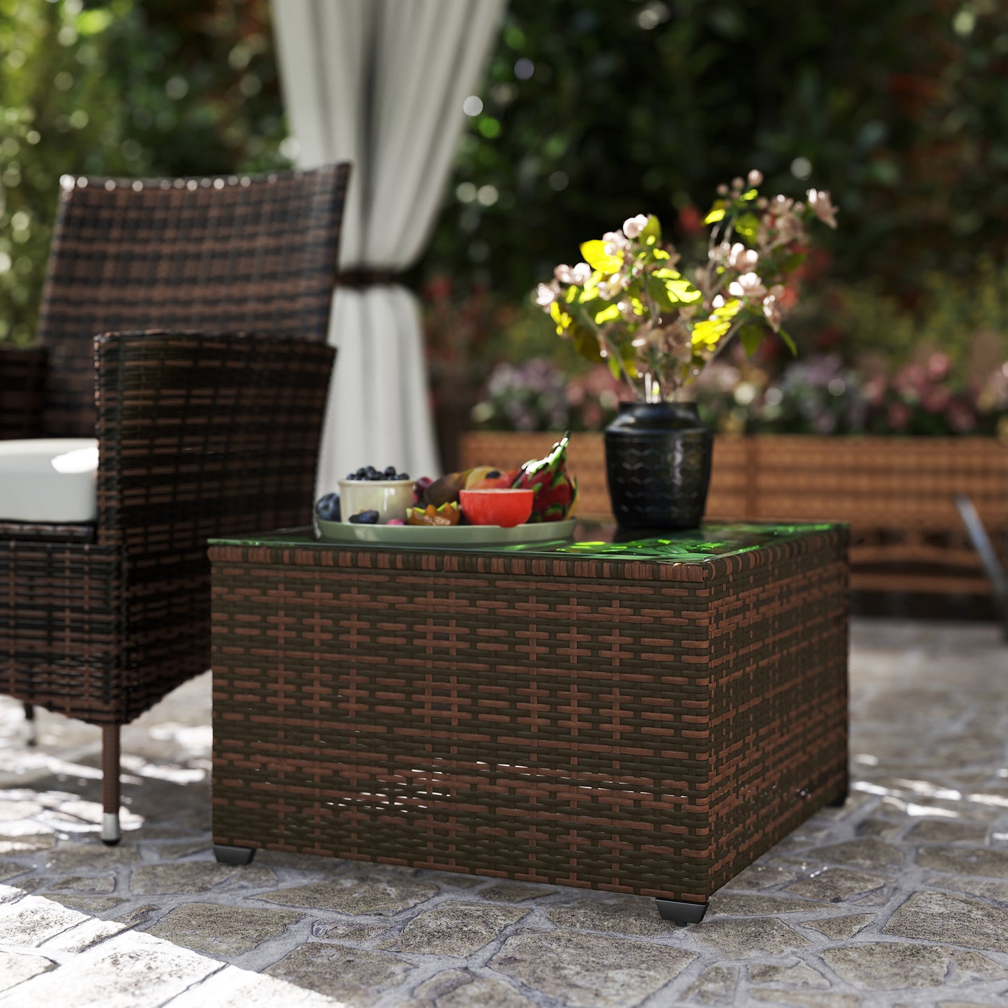 Nolone Brown Rattan Outdoor Glass Top Side Table