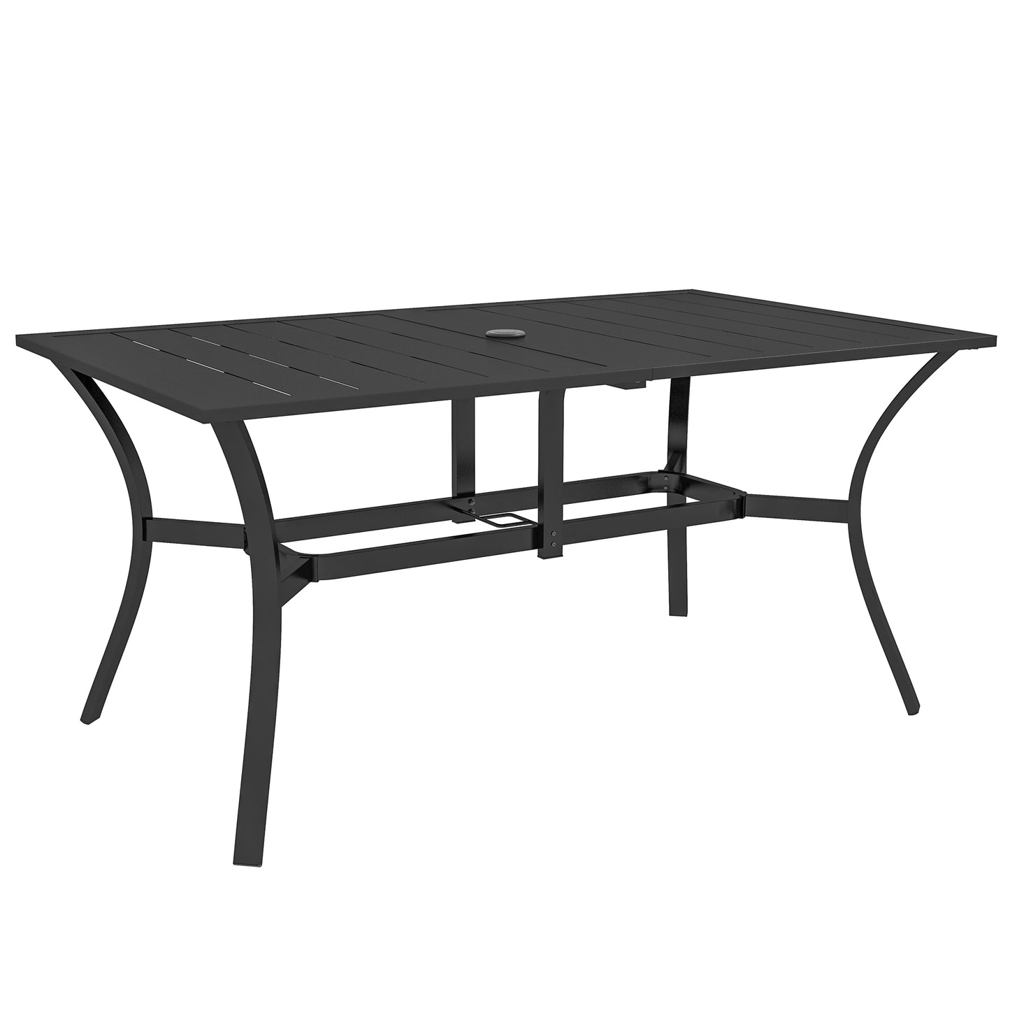 Ludo 150cm Steel Black Rectangular Garden Dining Table With Slatted Top And Parasol Hole