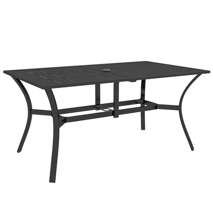 Ludo 150cm Steel Black Rectangular Garden Dining Table With Slatted Top And Parasol Hole