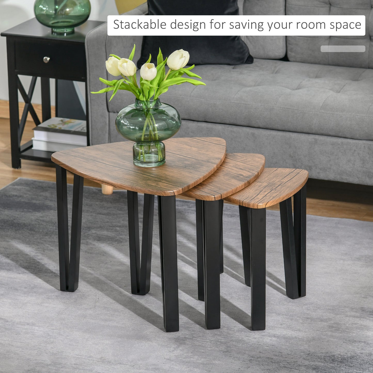 Coro Set Of 3 Triangle Nesting Coffee Tables Metal And Wood Walnut Finish