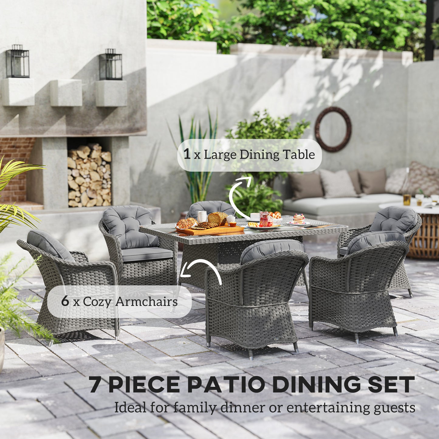 Bami  Light Grey Rattan 6 Seater Outdoor Dining Furniture Set with Glass Rectangular Table