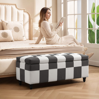 Susula Velvet Dark Grey And White Check Pattern Storage Bench With Wooden Legs