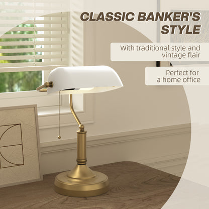 Yori Metal And Glass White Bankers Desk Lamp With Antique Bronze Tone Base