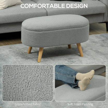 Mael Boucle Light Grey Storage Ottoman Teddy Fleece Natural Wooden Legs