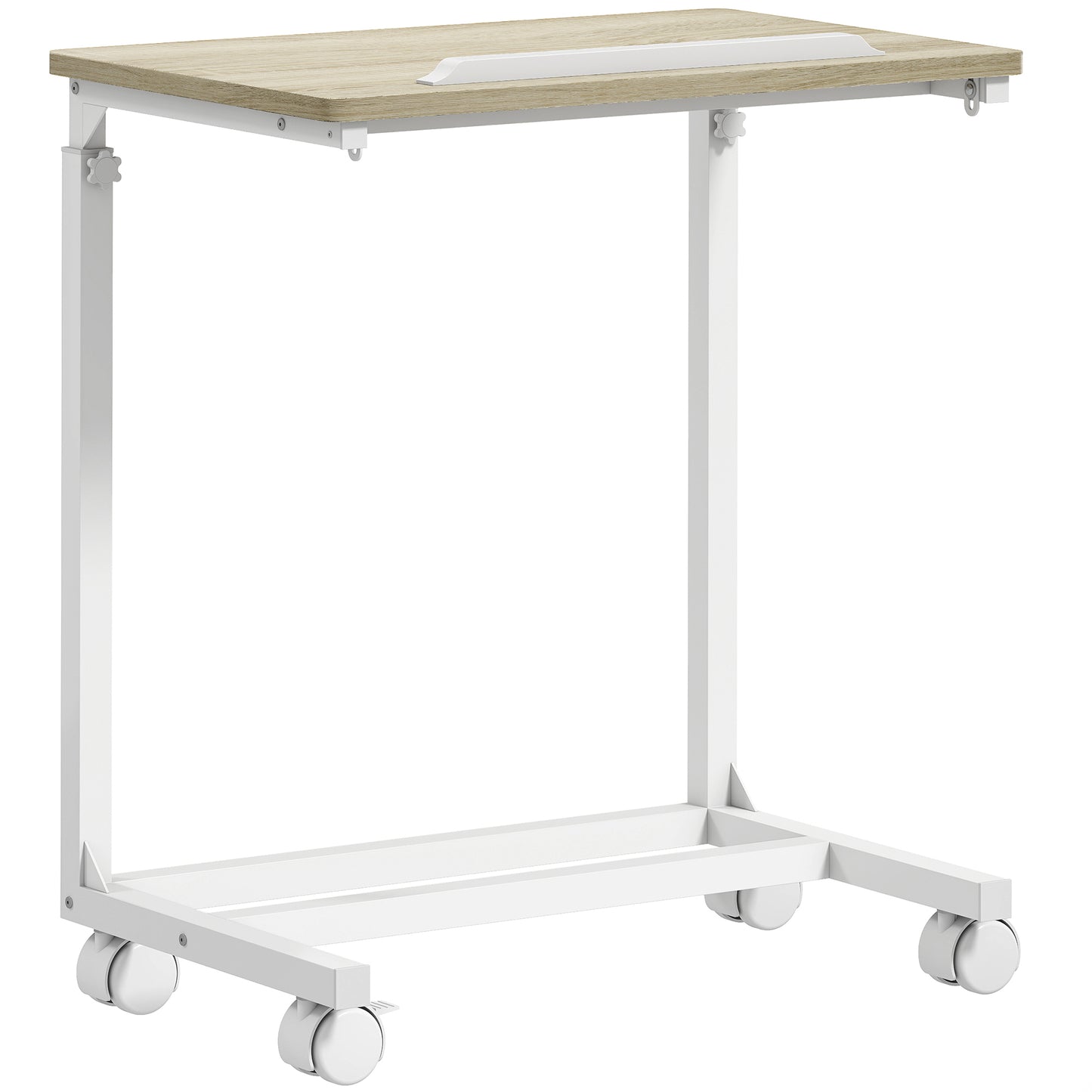 Mifi White Metal and Natural Wood Side Sofa Table Adjustable Tilting Top Lockable Wheels