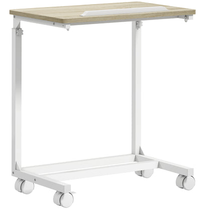 Mifi White Metal and Natural Wood Side Sofa Table Adjustable Tilting Top Lockable Wheels