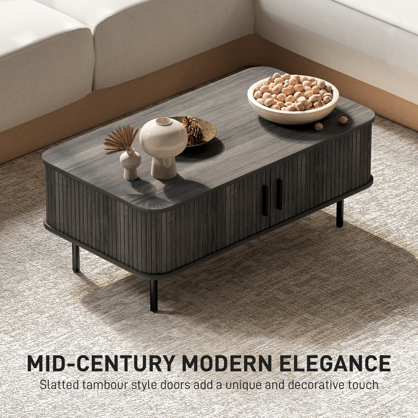 Yocoma Wooden Grey Wood Effect Rectangular Coffee Table With Tambour Doors