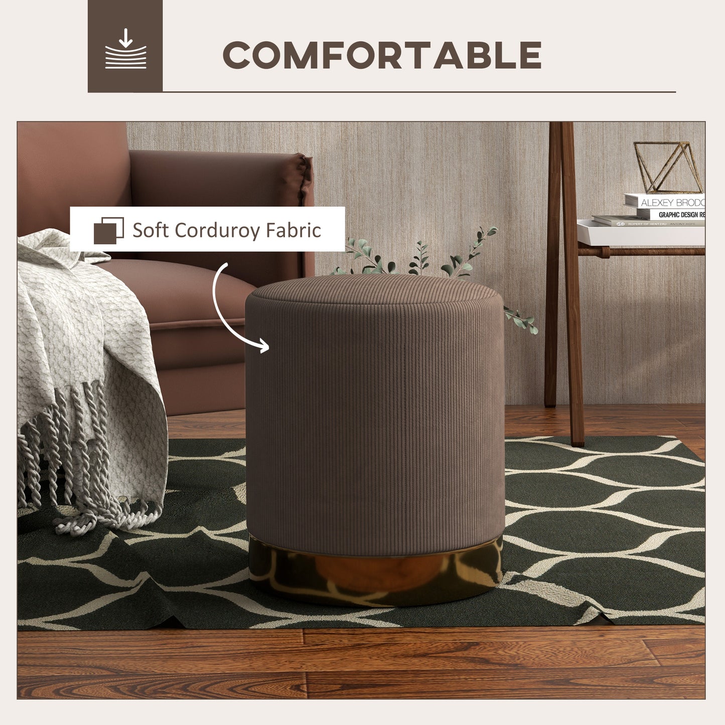 Tamo Bala Corduroy Brown Soft Padded Footstool Gold Accent