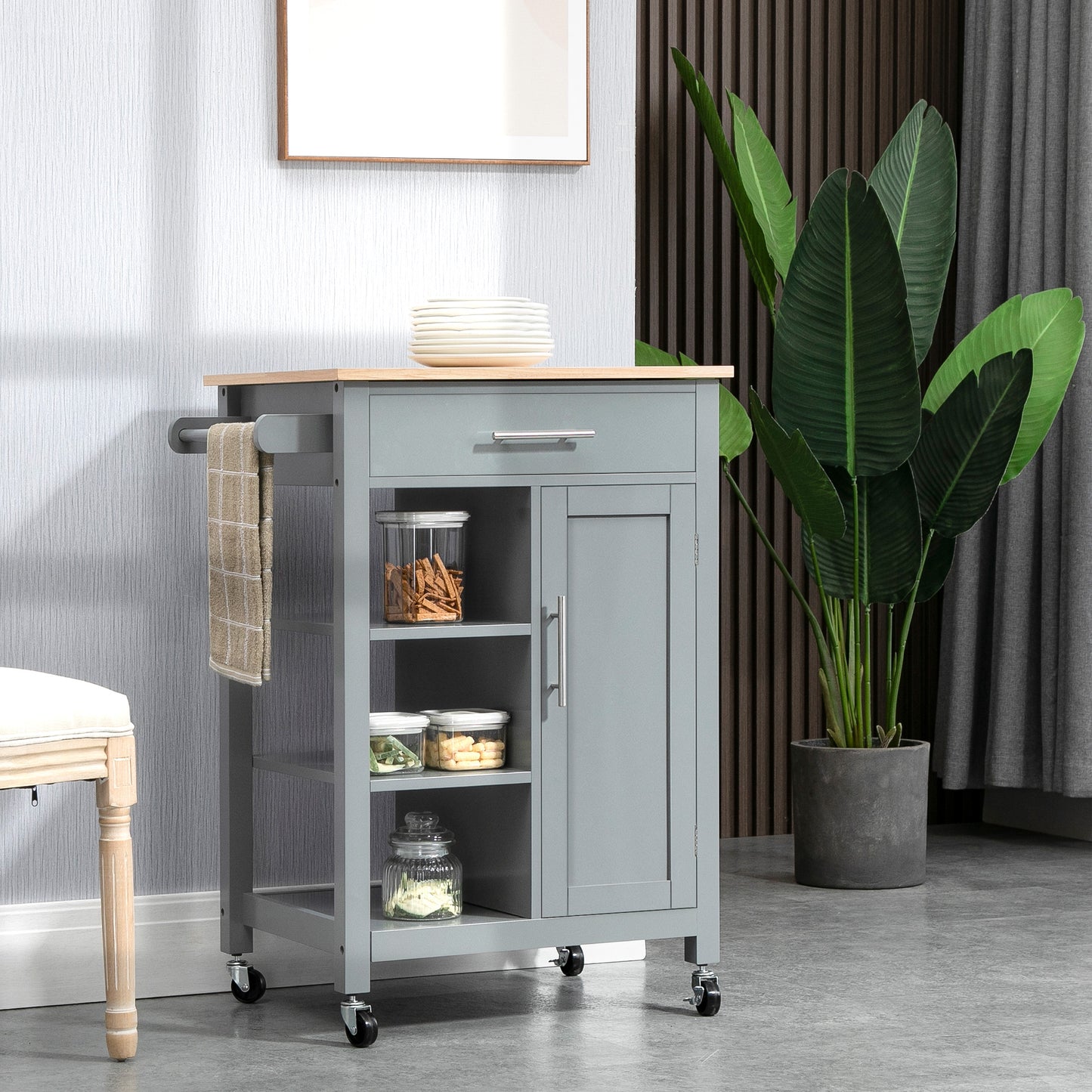 Sovasa Wooden Grey Compact Kitchen Trolley With OFauxn Shelves And Drawer Storage