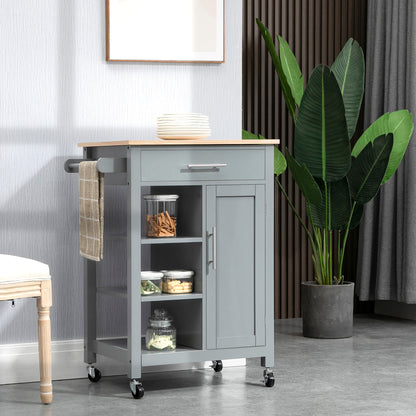 Sovasa Wooden Grey Compact Kitchen Trolley With OFauxn Shelves And Drawer Storage