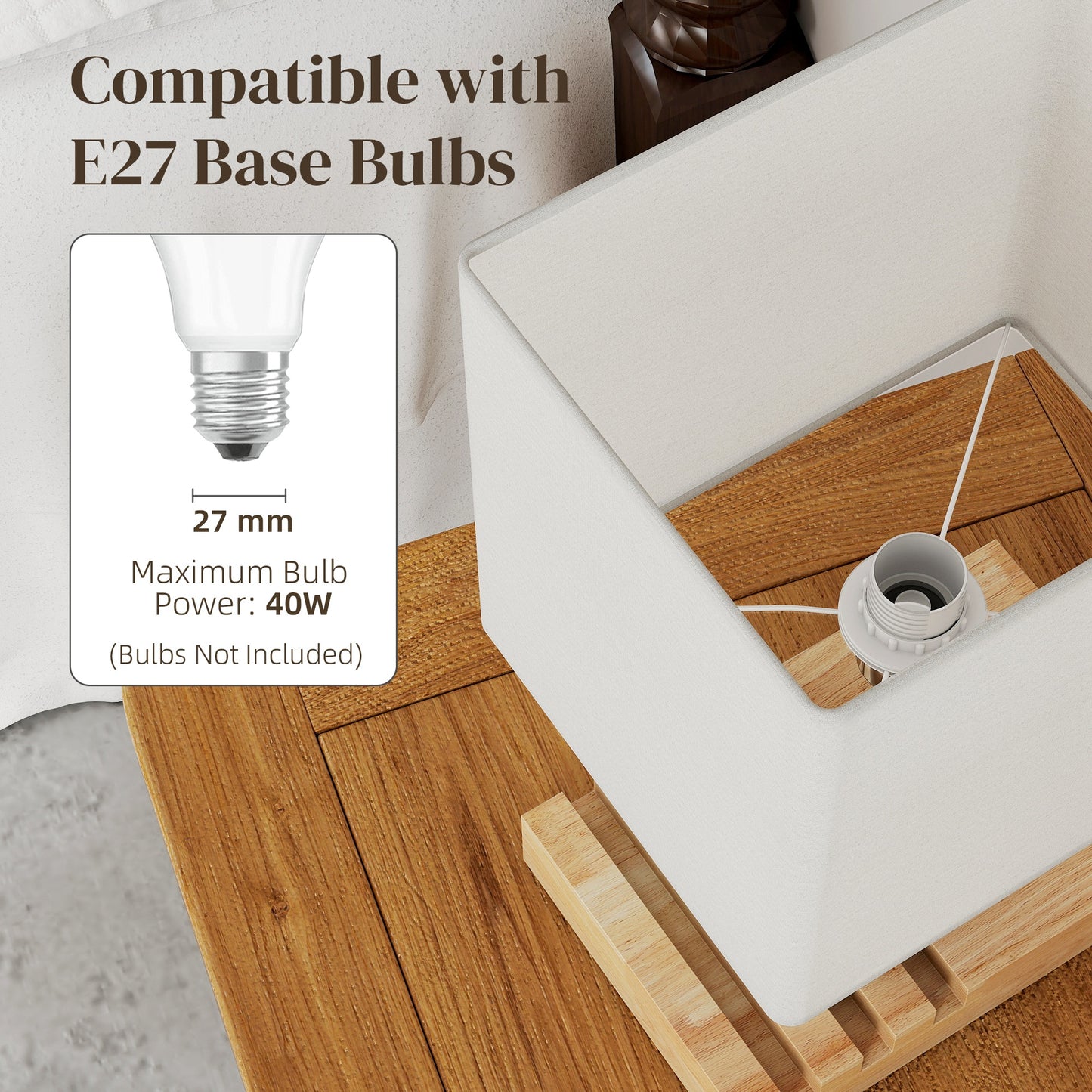 Hael Wood And Fabric White Bedside Table Lamp With USB Charging Ports Phone Stands And Fabric Shade