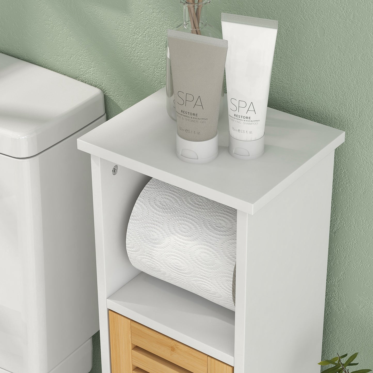 Nohaba White Bathroom Storage Cabinet With Integrated Toilet Roll Holder
