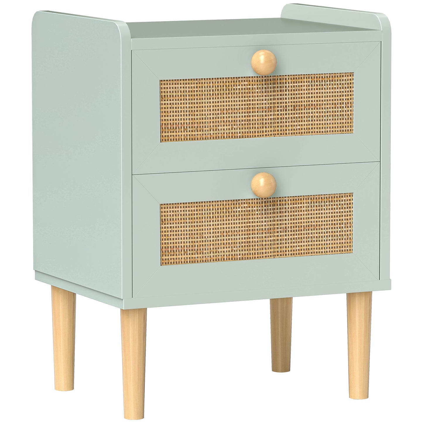 Reka Boho Olive Green Wood And Rattan 2 Drawer Bedside Table
