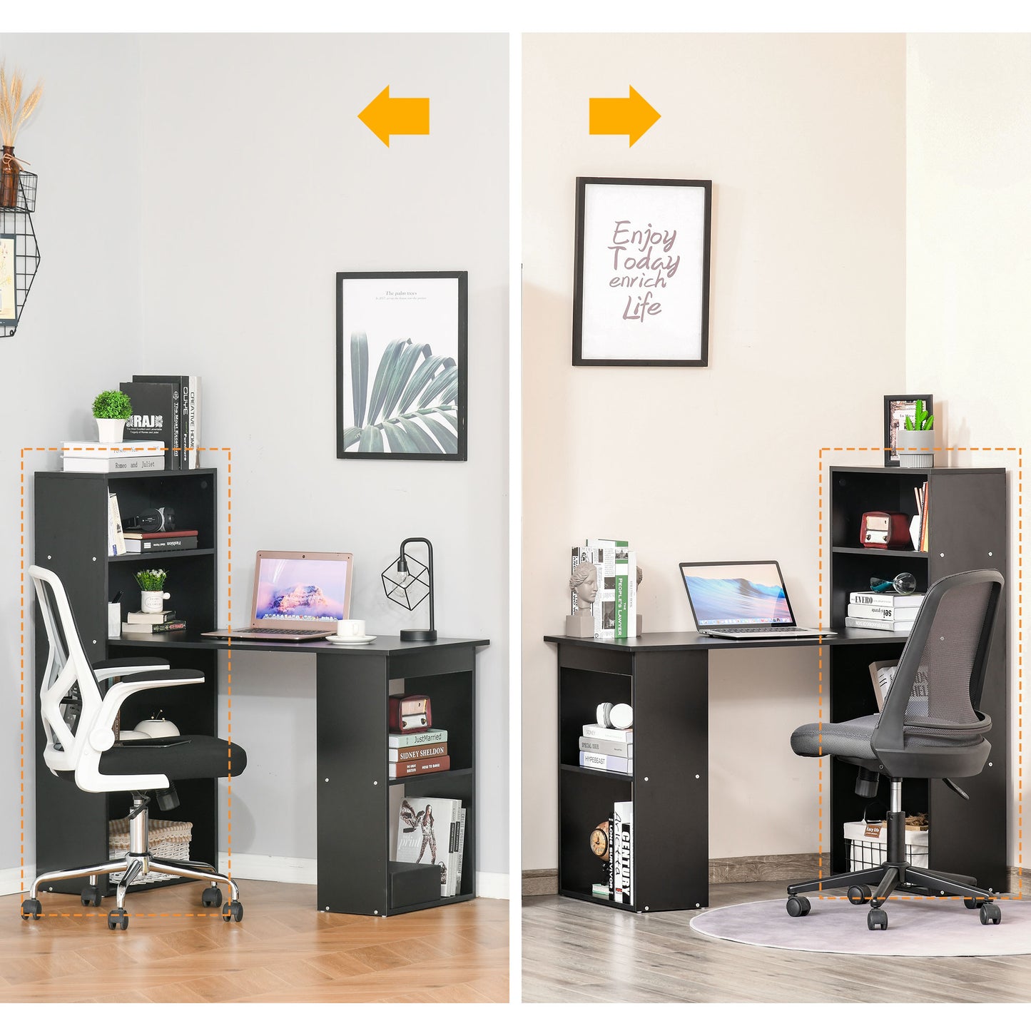 Elni 120cm Wooden Black Study Desk With 6 Tier Bookshelf Storage