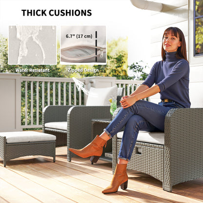 Mami Rattan Grey and White Outdoor Garden Bistro Set With 2 Tier Coffee Table And Footstools