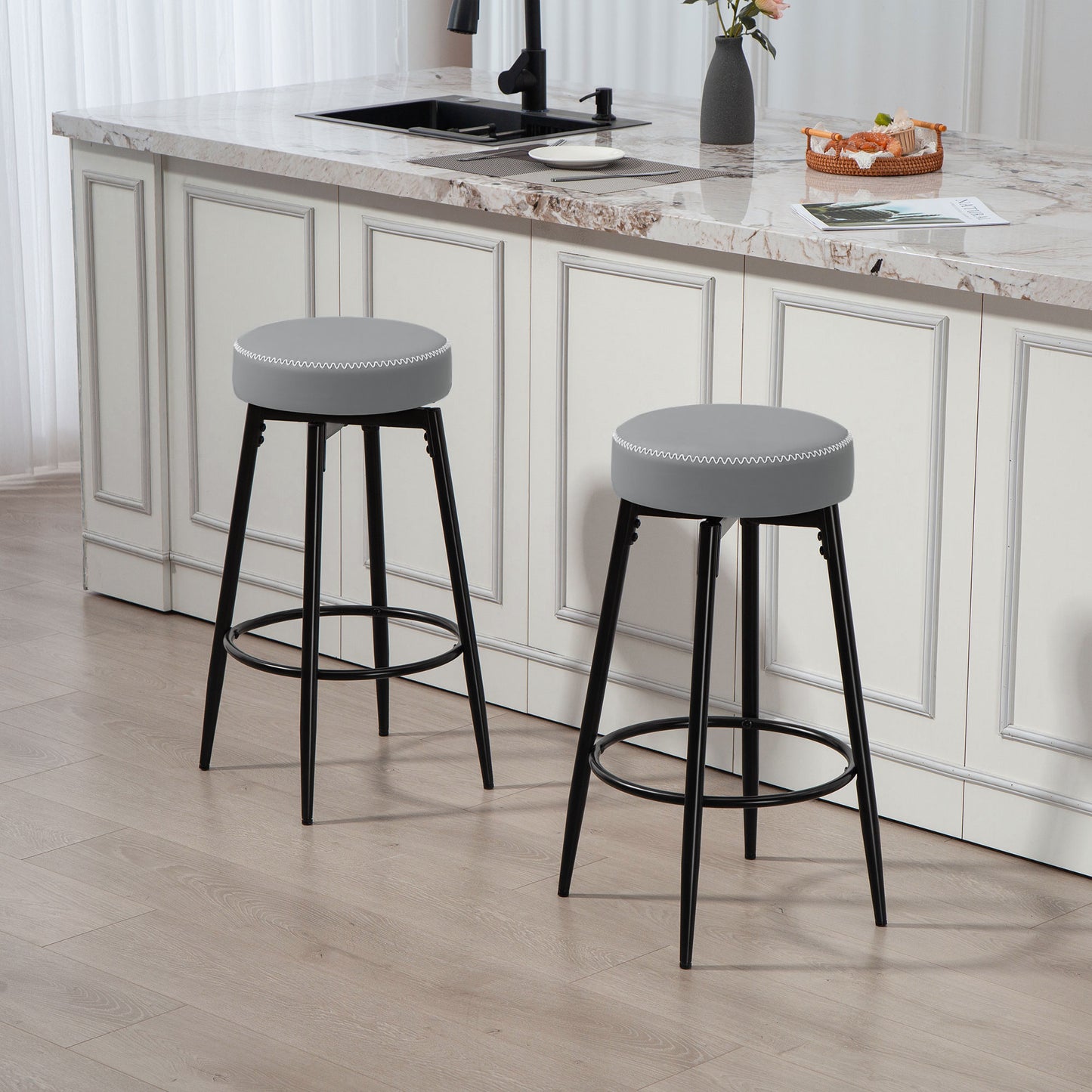Relura Faux Leather Grey And Black Bar Stools Set Of 2 With Footrests