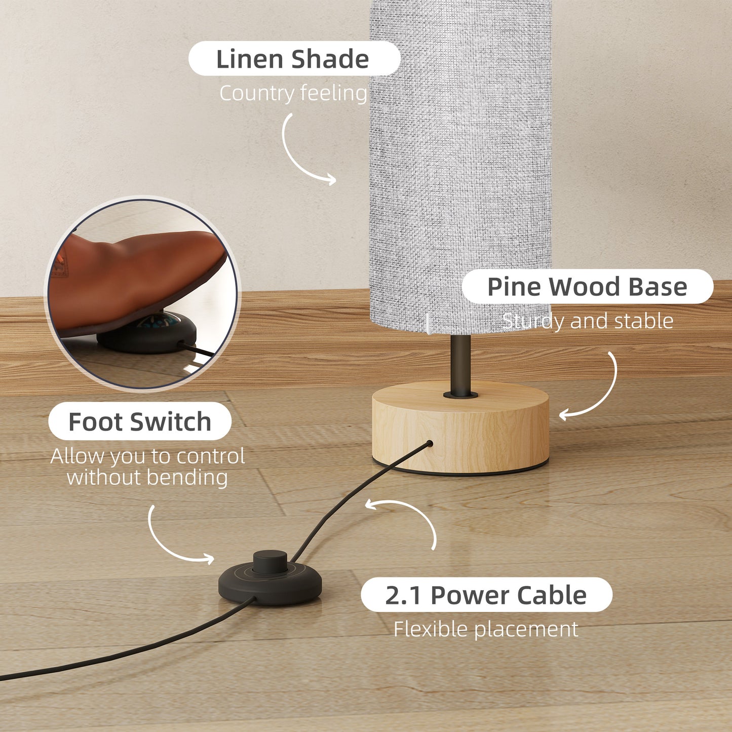 Luretti Wood And Fabric Grey Modern Standing Floor Lamp With Linen Shade 120cm