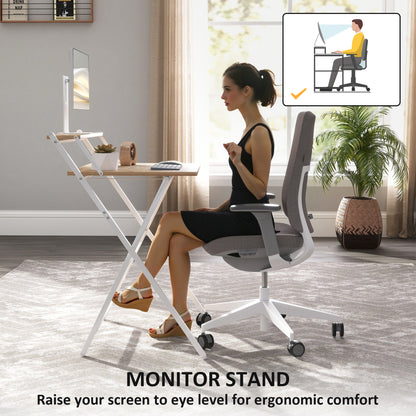 Veeldi 70cm Small Wooden Natural Folding Desk With Raised Monitor Shelf