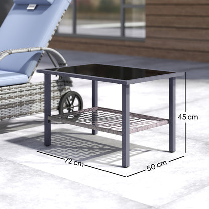 Revano Grey Rattan Outdoor Coffee Table With Tempered Glass Top and Lower Shelf