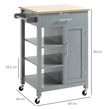Sovasa Wooden Grey Compact Kitchen Trolley With OFauxn Shelves And Drawer Storage