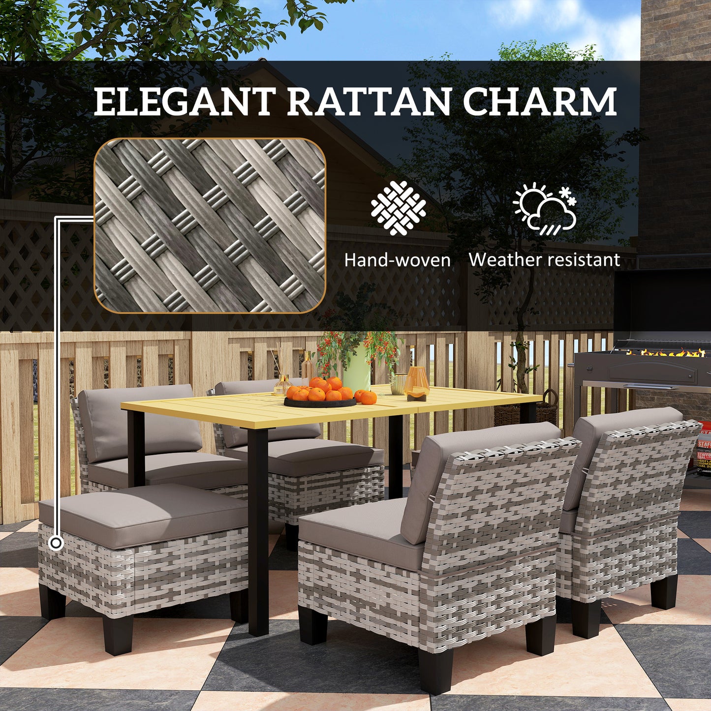 Luzise Grey Rattan 6 Seater Outdoor Dining Furniture Set Natural Wooden Rectangular Table