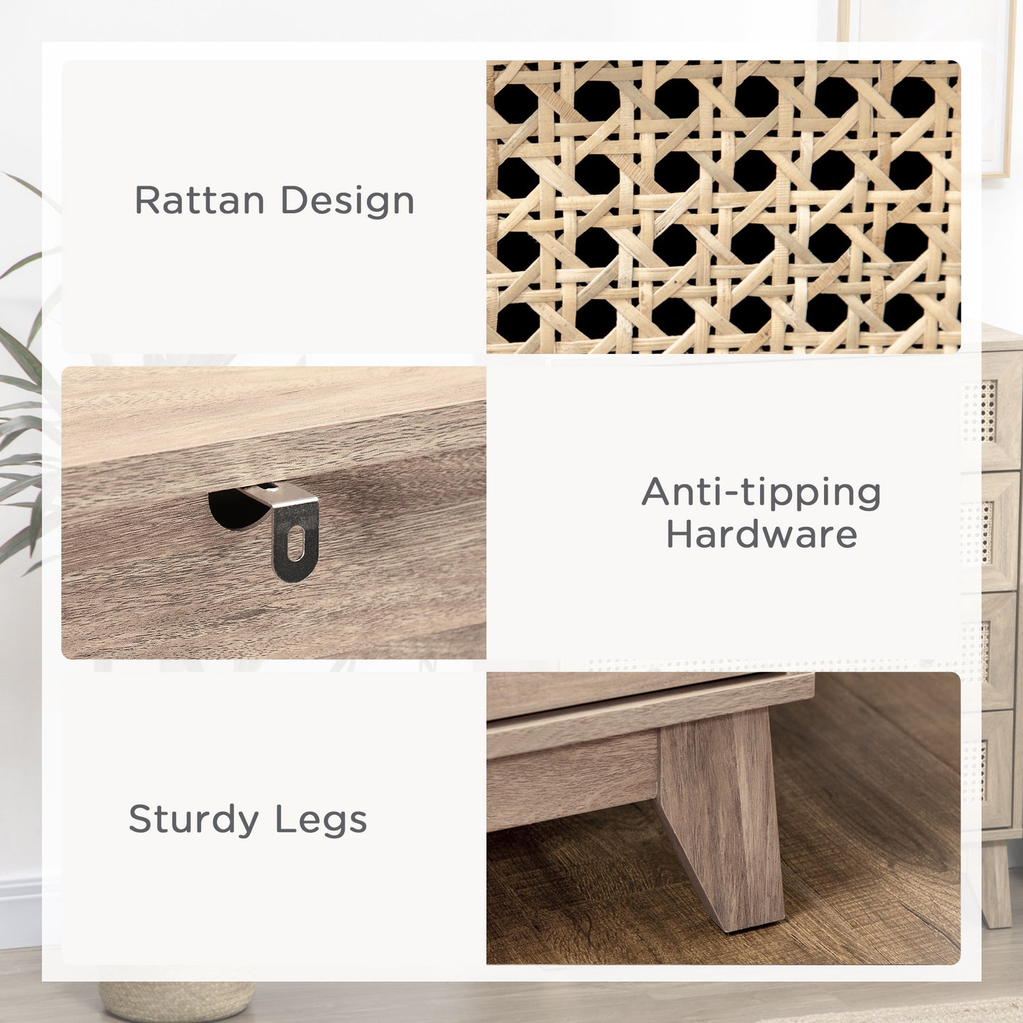 Mohetak Wood and Rattan 4 Drawer Storage Chest