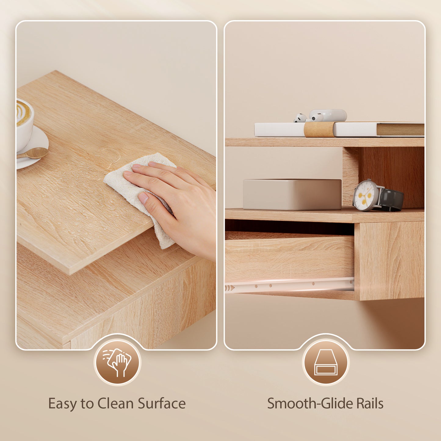 Vesopa Set Of 2 Natural Wood Floating Bedside Tables Wall Mounted