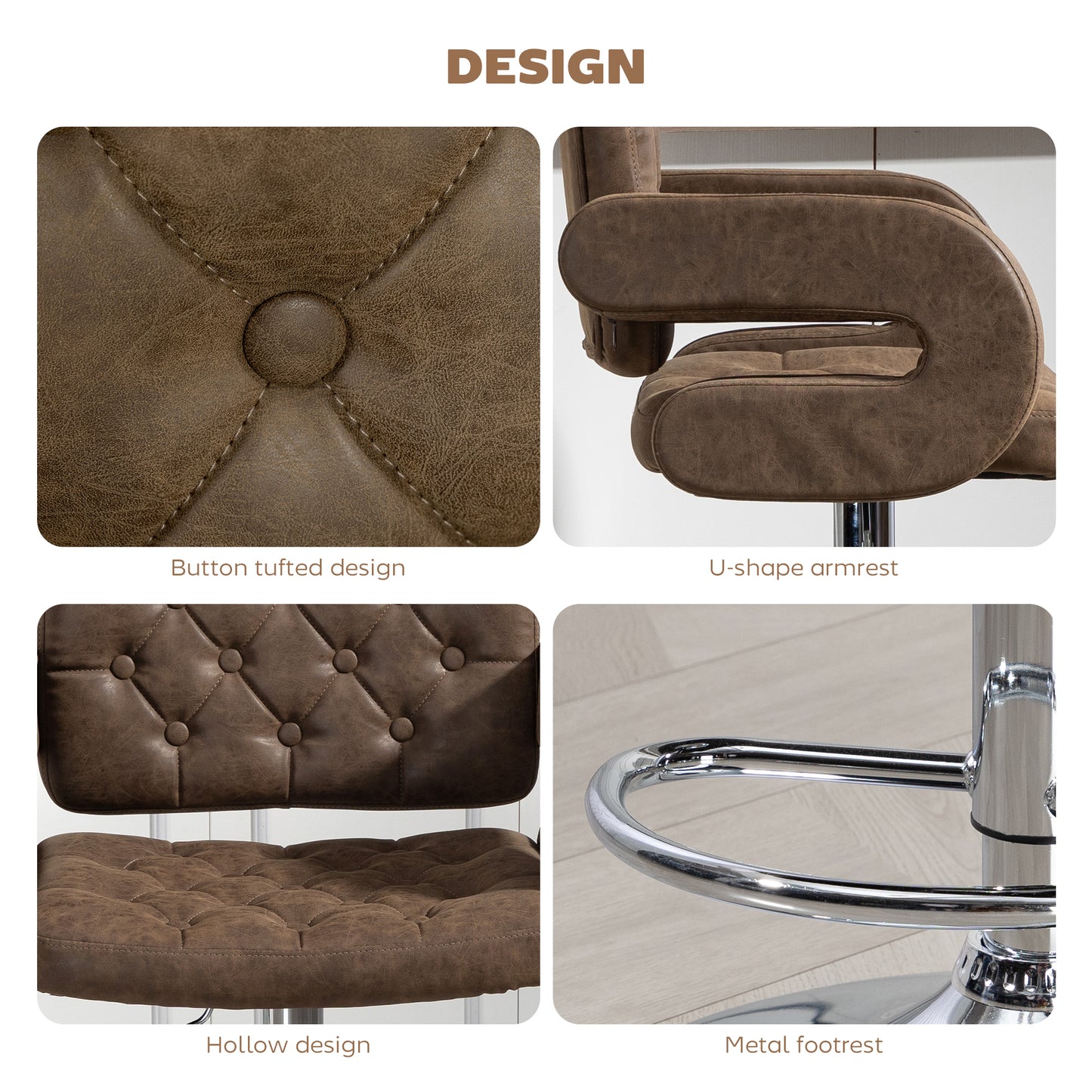 Fivepa Coffee Brown Faux Leather Adjustable Swivel Bar Stool With Armrests