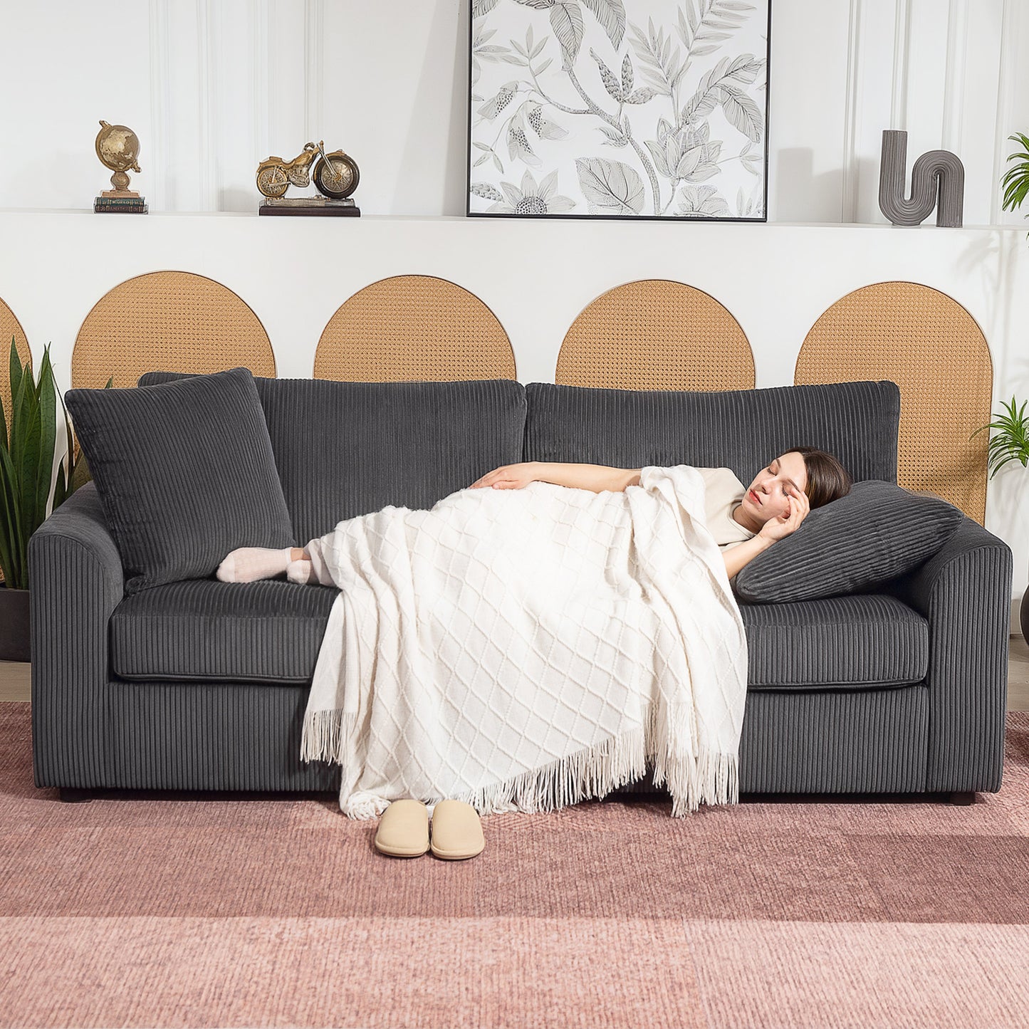 Mimi Corduroy Grey 3 Seater Jumbo Sofa With Scatter Cushions