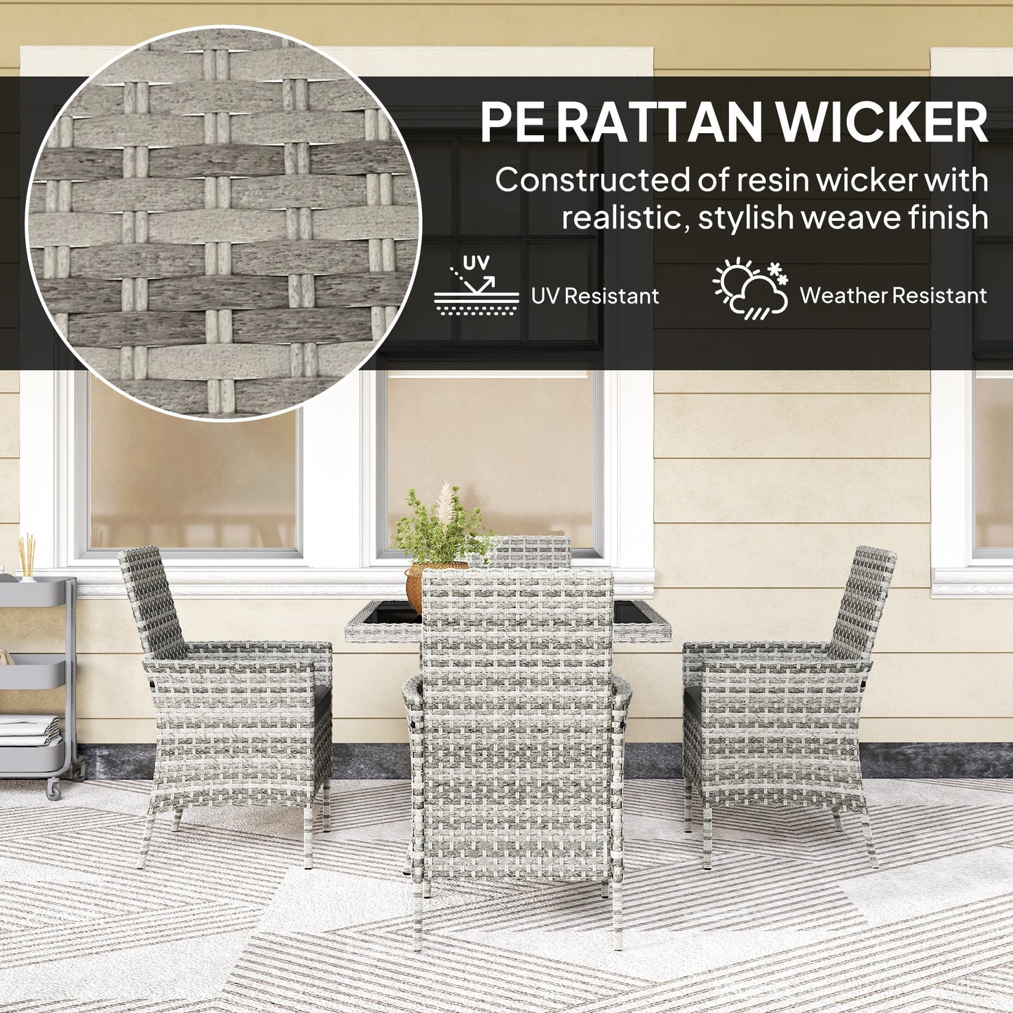 Noha Light Grey Rattan 4 Seater Outdoor Dining Set with Square Glass Table