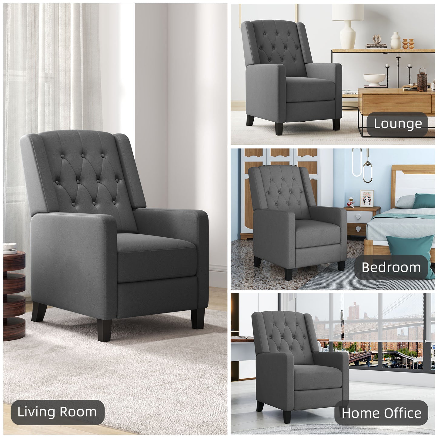 Lino Microfibre Deep Grey Button Tufted Recliner Armchair With Leg Rest