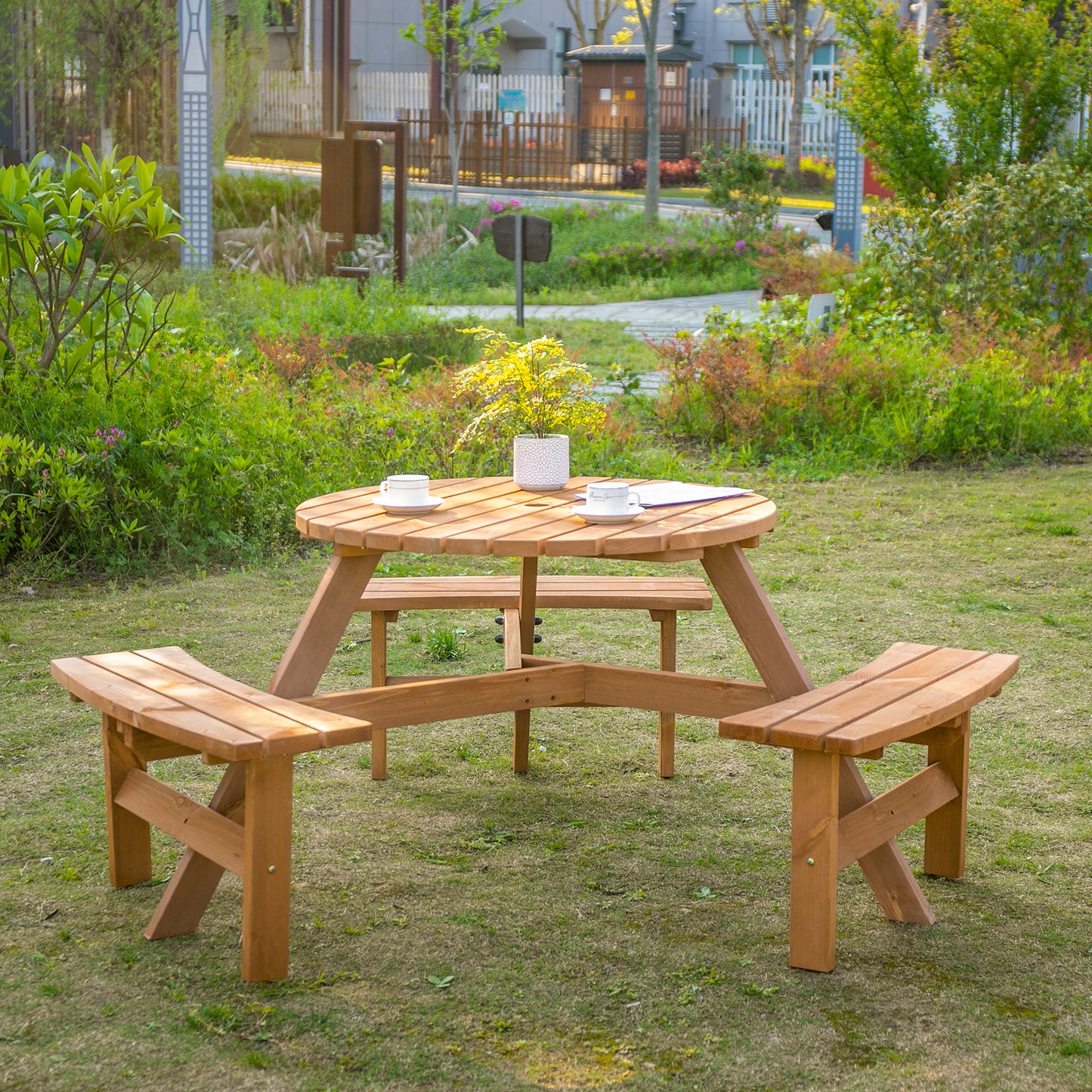 Bare Wood Brown Red 6 Seater Round Picnic Table With 3 Benches And Parasol Hole
